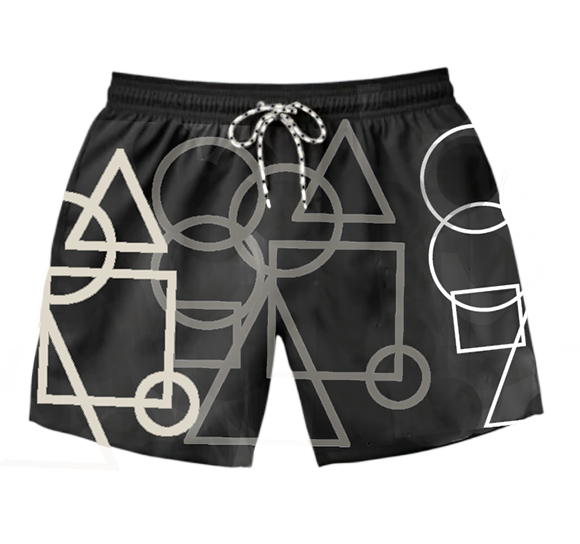 Black Swim Trunks With Tan Geometric Design