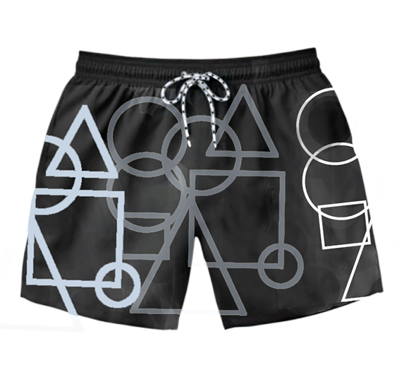 Black Swim Trunks With Geometric Design