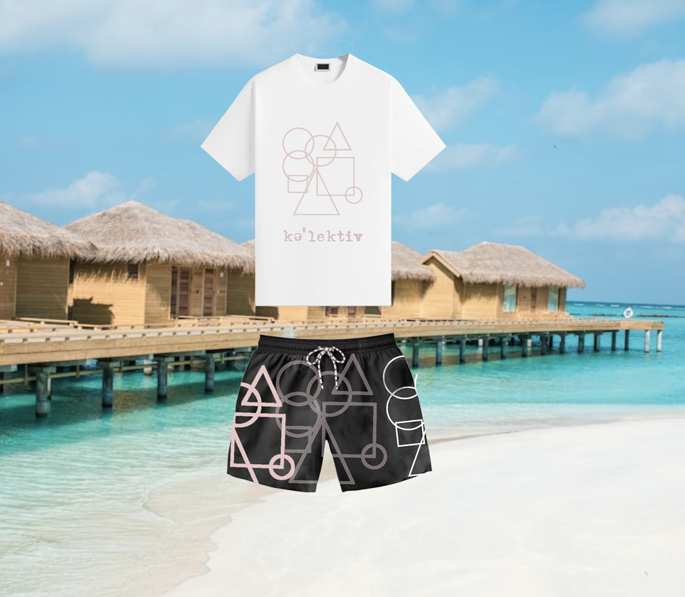 Black Swim Trunks With Tan Geometric Design