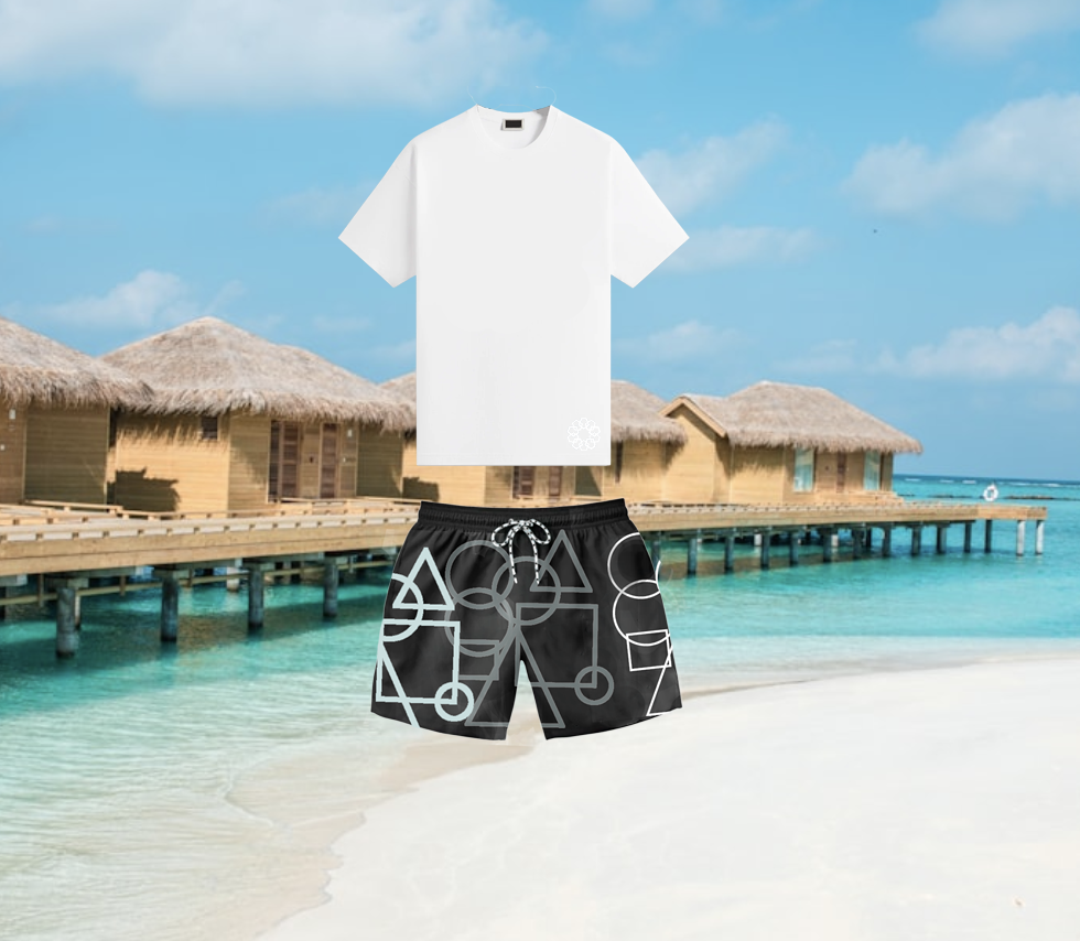Black Swim Trunks With Geometric Design