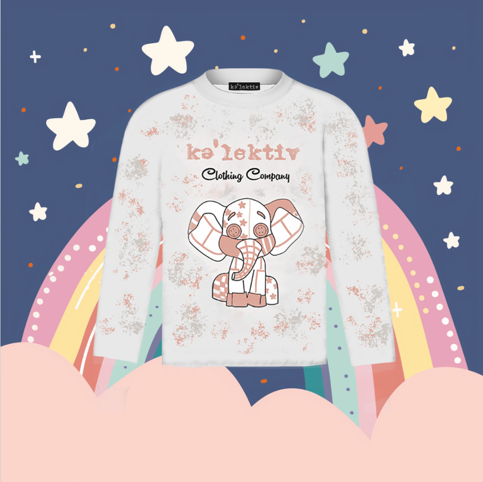 Kid's White Long Sleeve Tee With Elephant Print