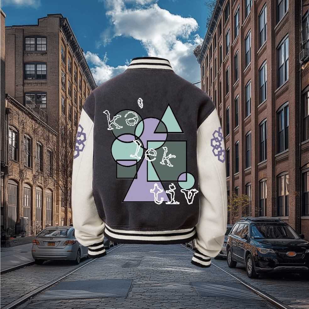 Adult Varsity Jacket With Geometric Design And Embroidered Sleeves
