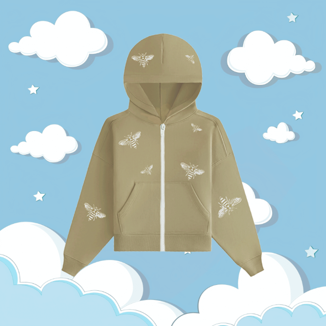 Kids' Pale Gold Hooded Sweater With Embroidered Bee's