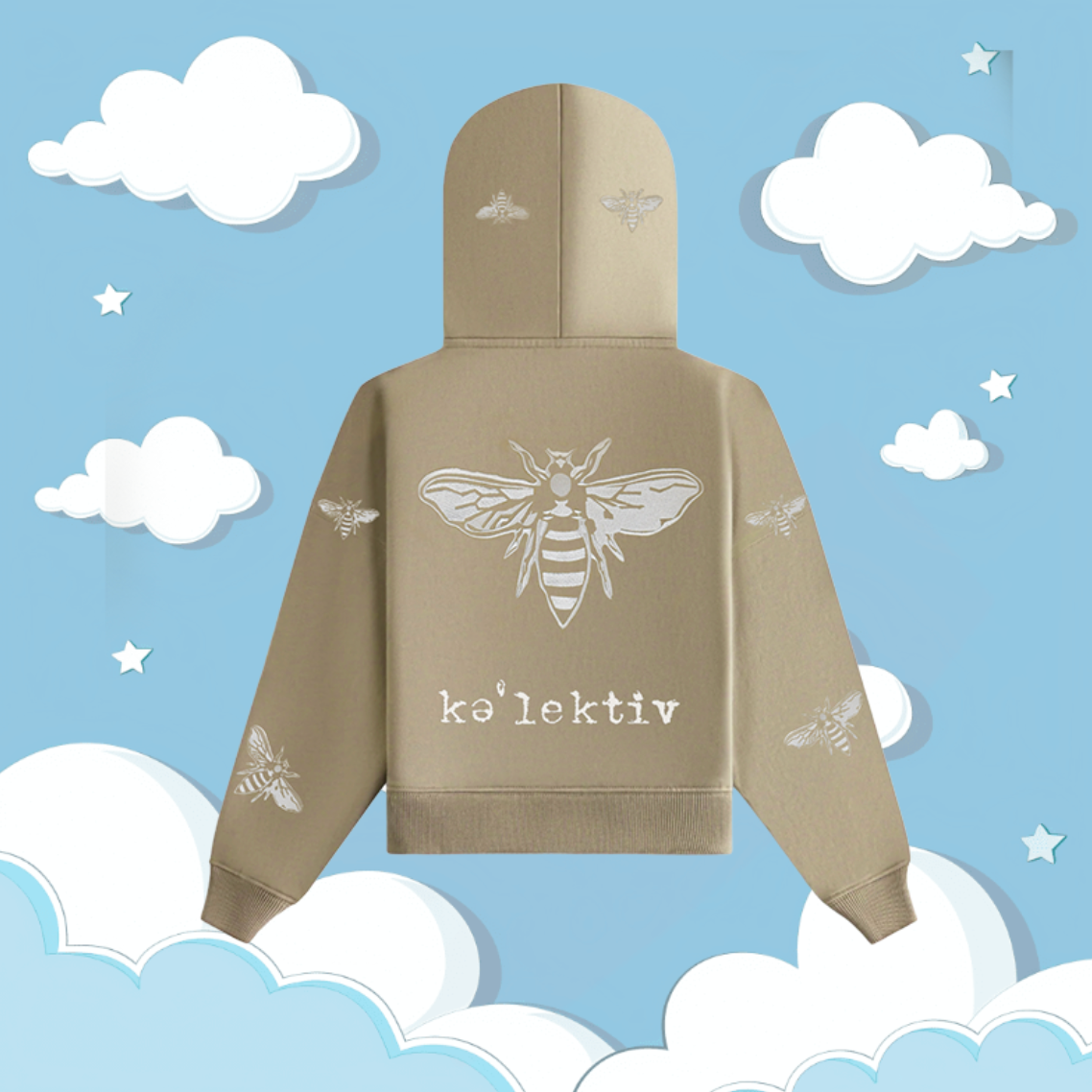 Kids' Pale Gold Hooded Sweater With Embroidered Bee's