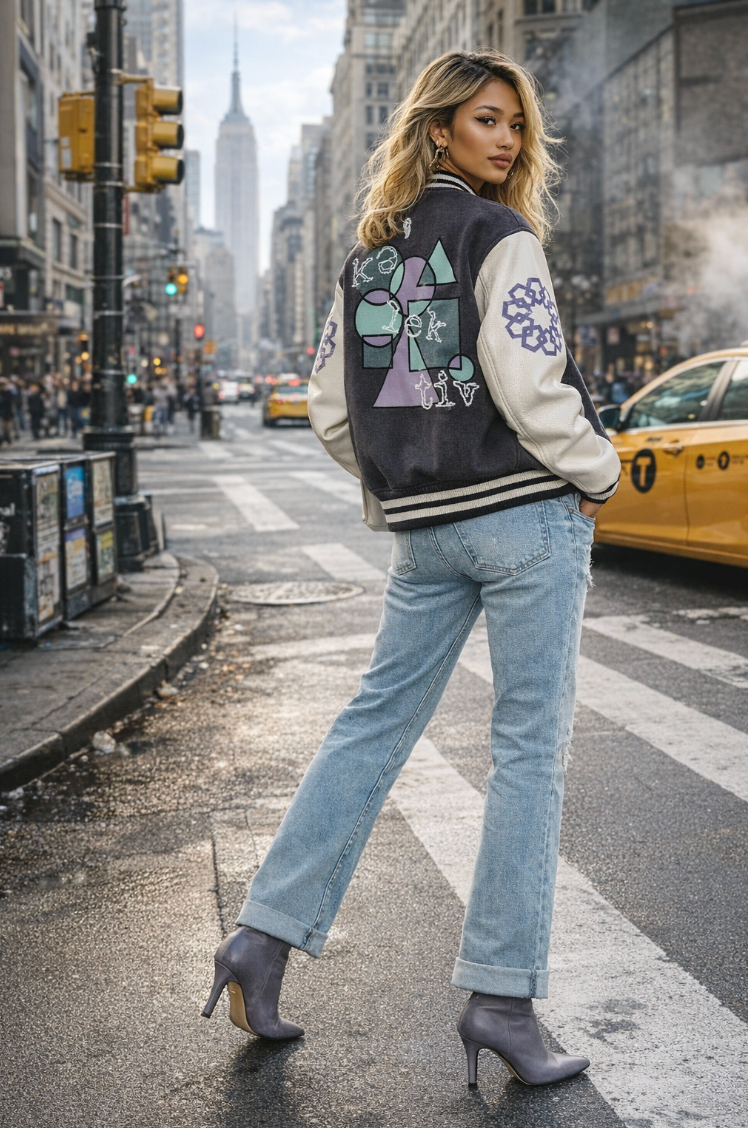 Adult Varsity Jacket With Geometric Design And Embroidered Sleeves