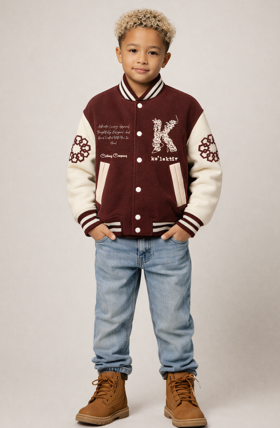Cranberry Wool Scribbled K embroidered Varsity Jacket