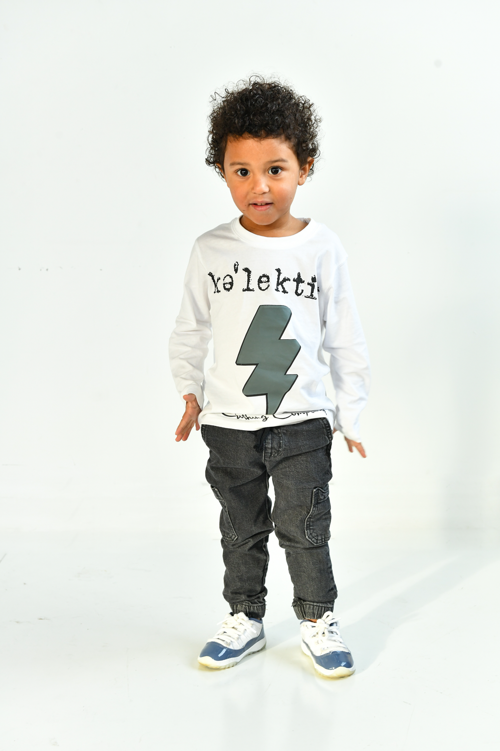 Kids White Long Sleeve Tee With Thunderbolt Print