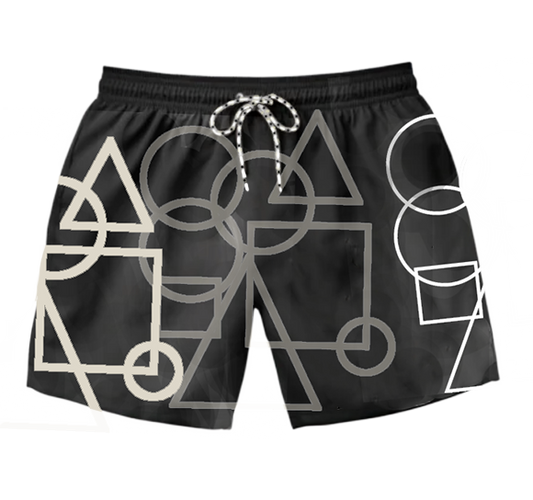 Black Swim Trunks With Tan Geometric Design