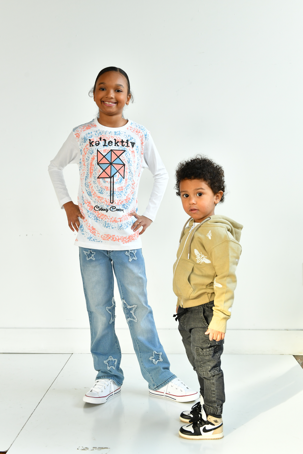 Kid's White Long Sleeve Tee With Pinwheel Print