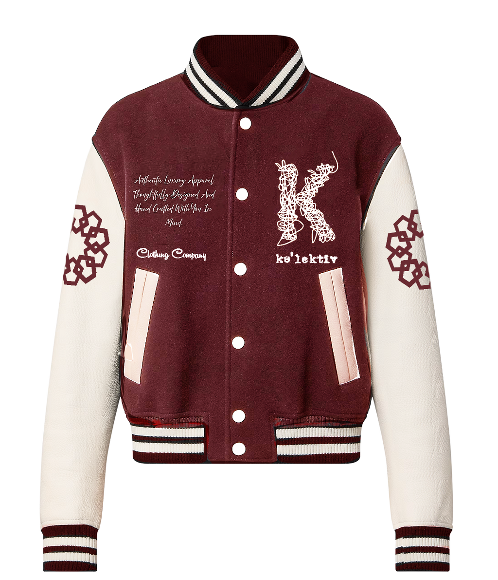 Cranberry Wool Scribbled K embroidered Varsity Jacket
