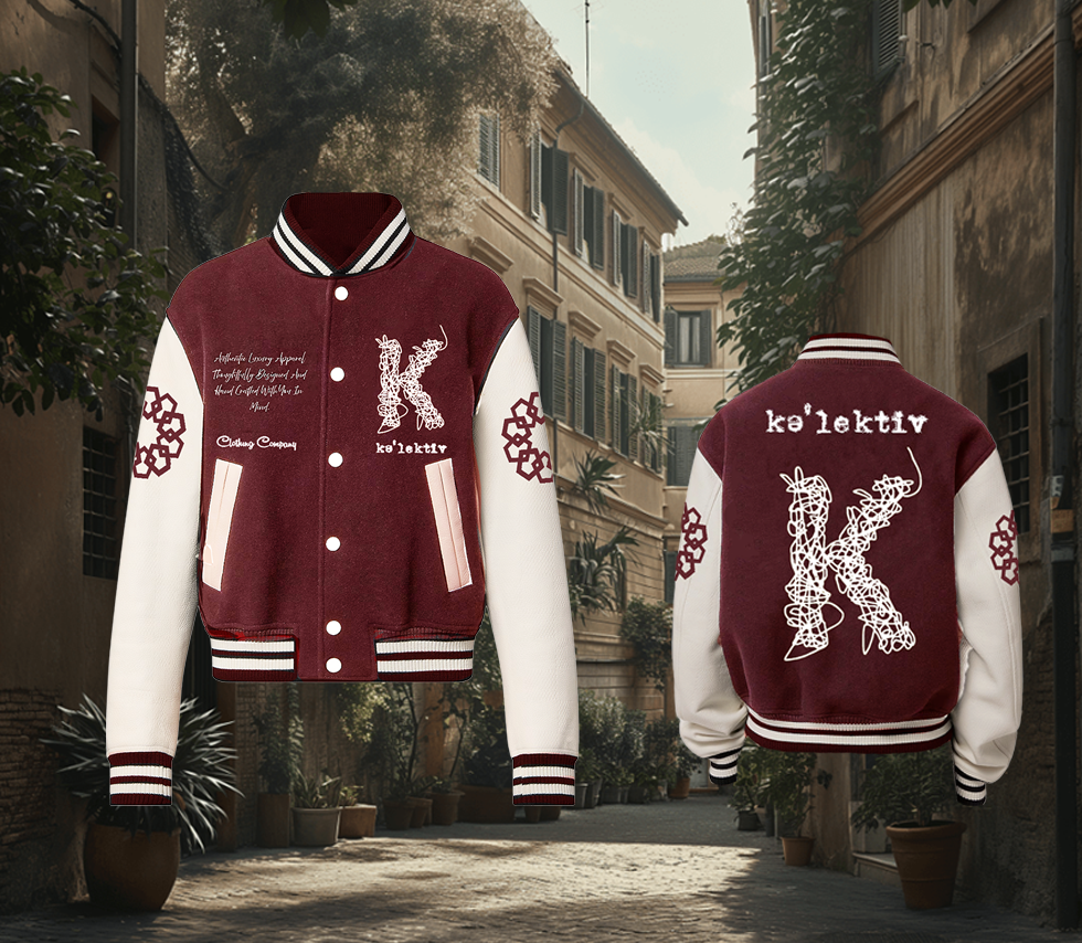 Cranberry Wool Scribbled K embroidered Varsity Jacket