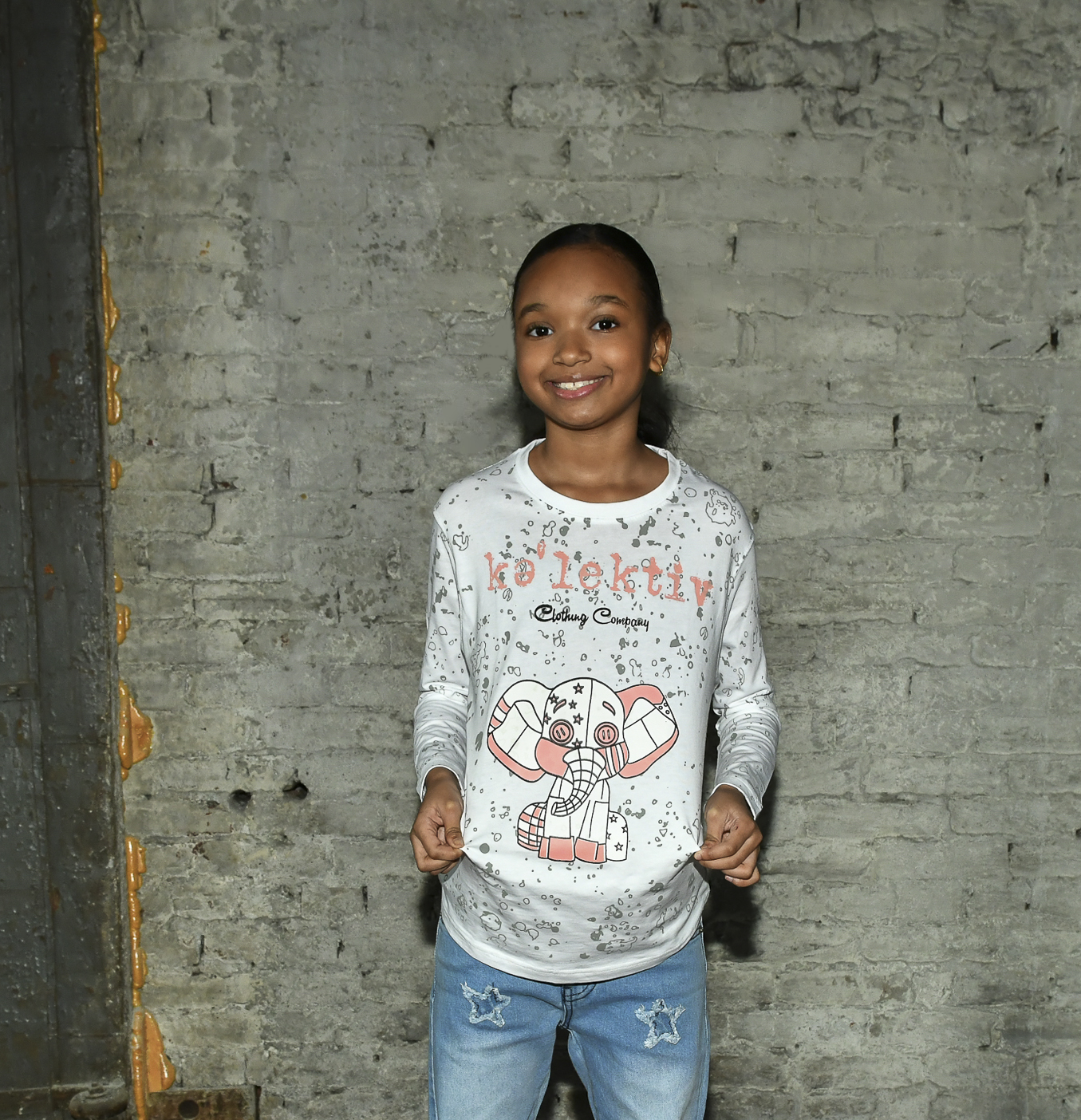 Kid's White Long Sleeve Tee With Elephant Print