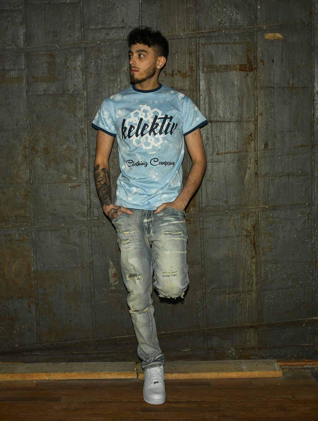 Adult Blue Splash Tee With Motif Print