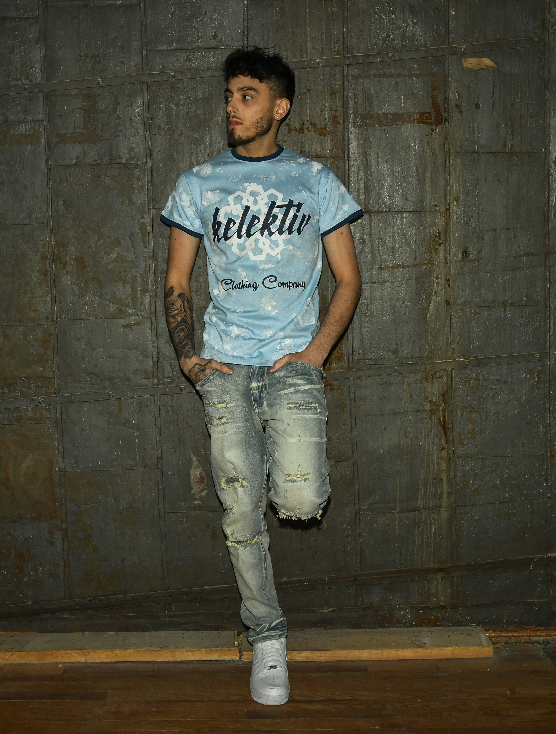 Adult Blue Splash Tee With Motif Print