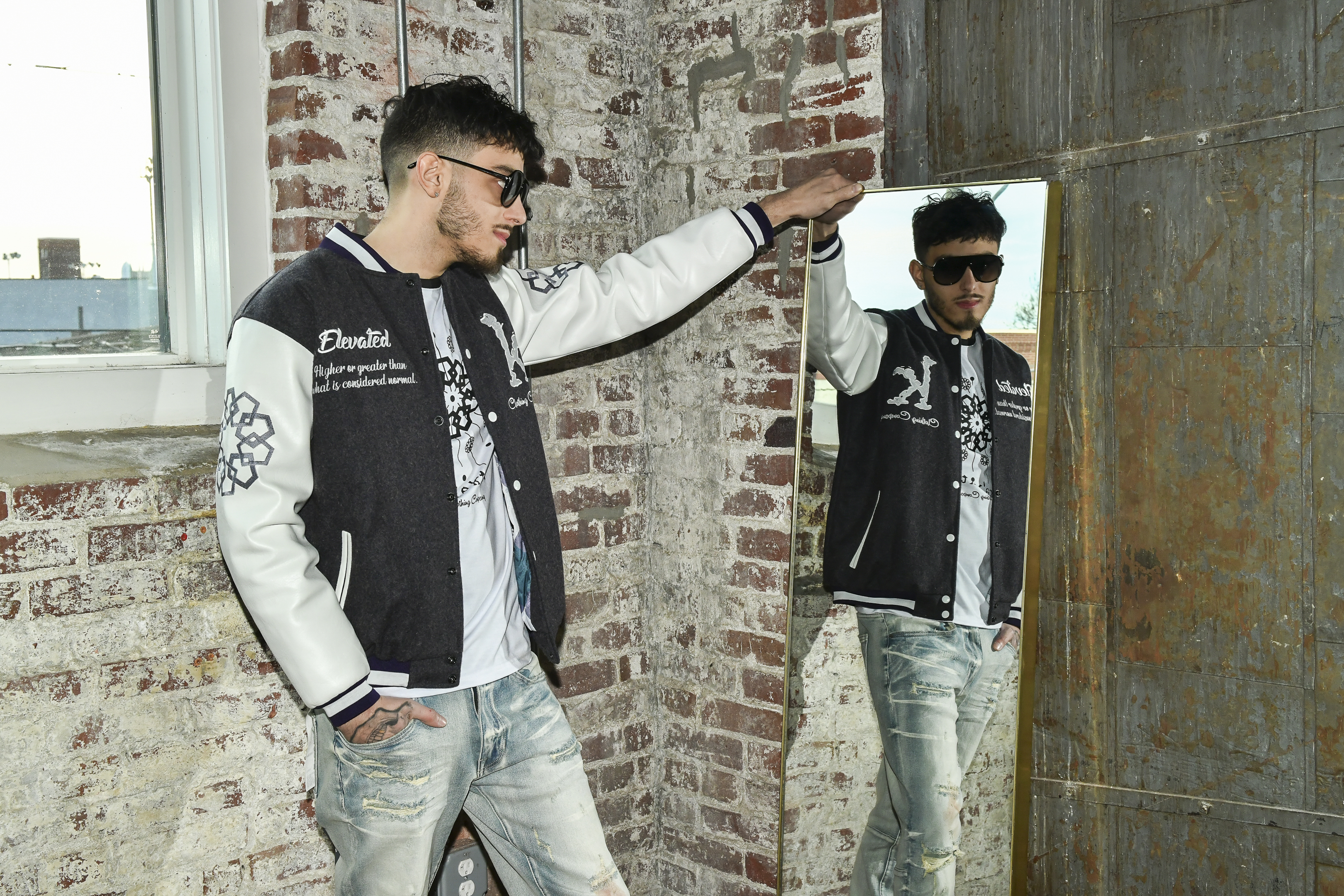 Adult Varsity Jacket With Geometric Design And Embroidered Sleeves