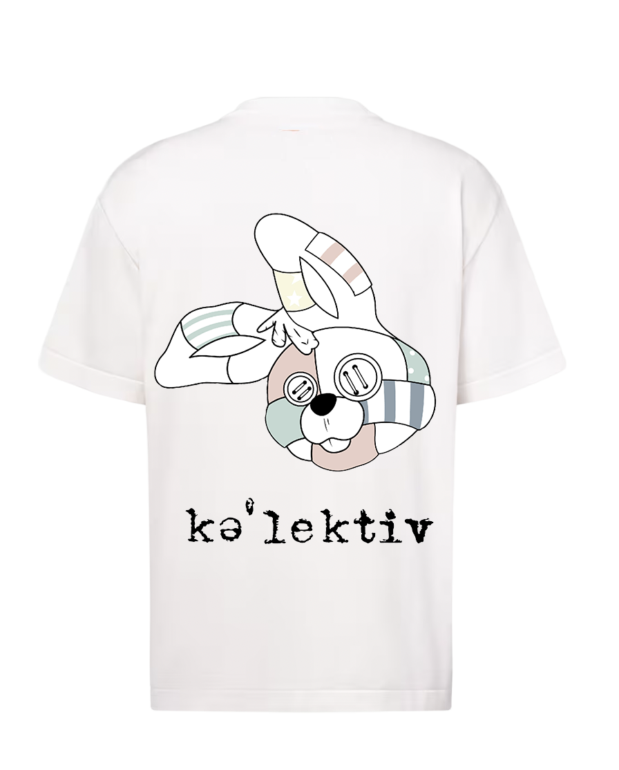 Kid's all white tee with big bunny head on the rear